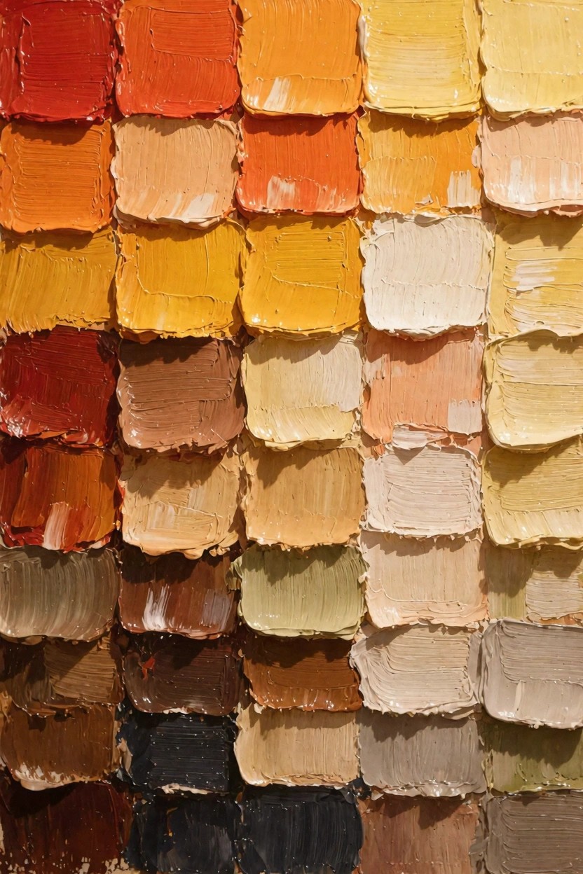 Grid of thick oil paint dabs arranged in rows, shifting from warm reds and oranges at the top to browns and blacks at the bottom.