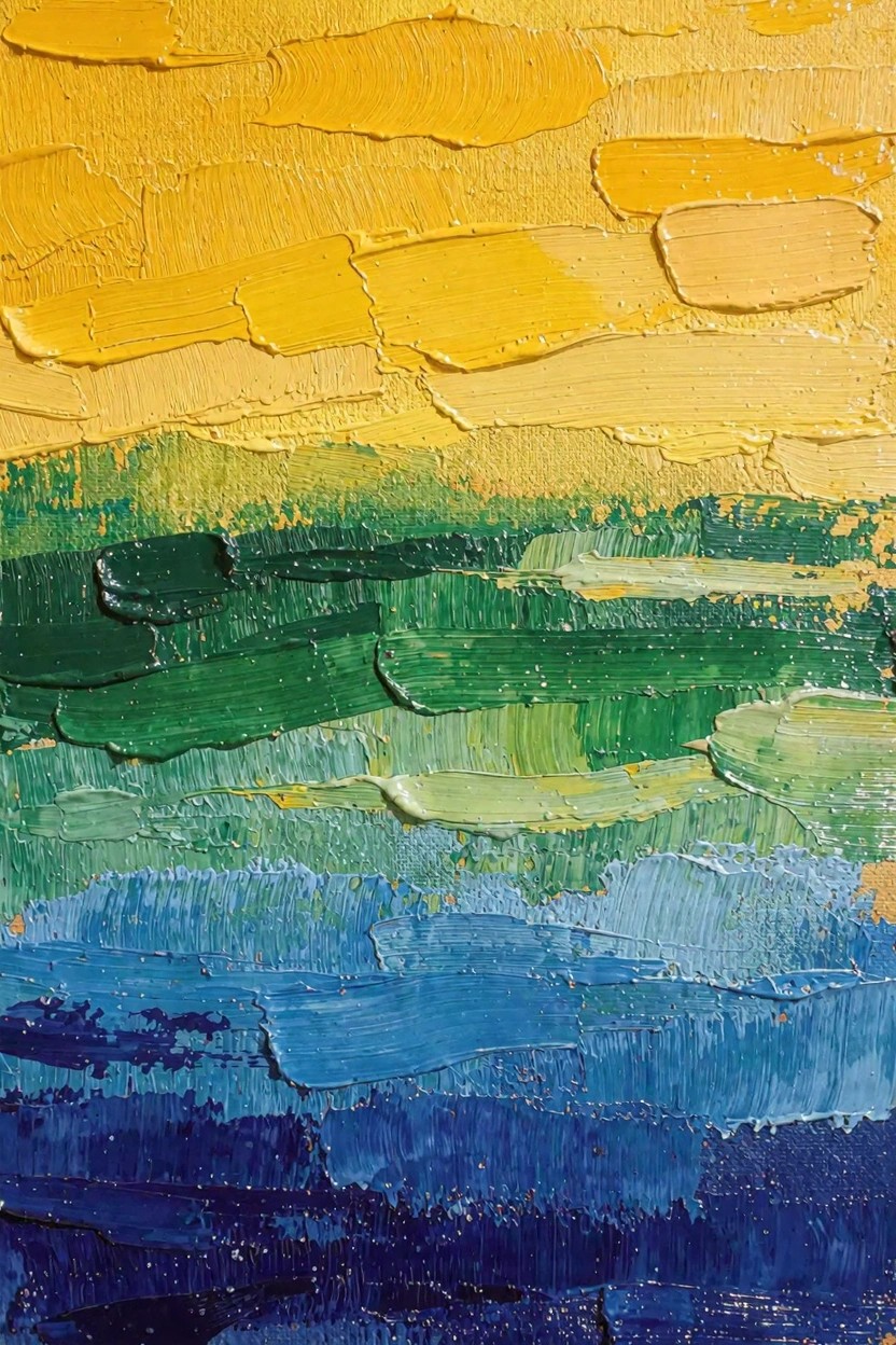 Abstract oil painting with thick horizontal impasto bands transitioning from yellow at top through green to blue at bottom.