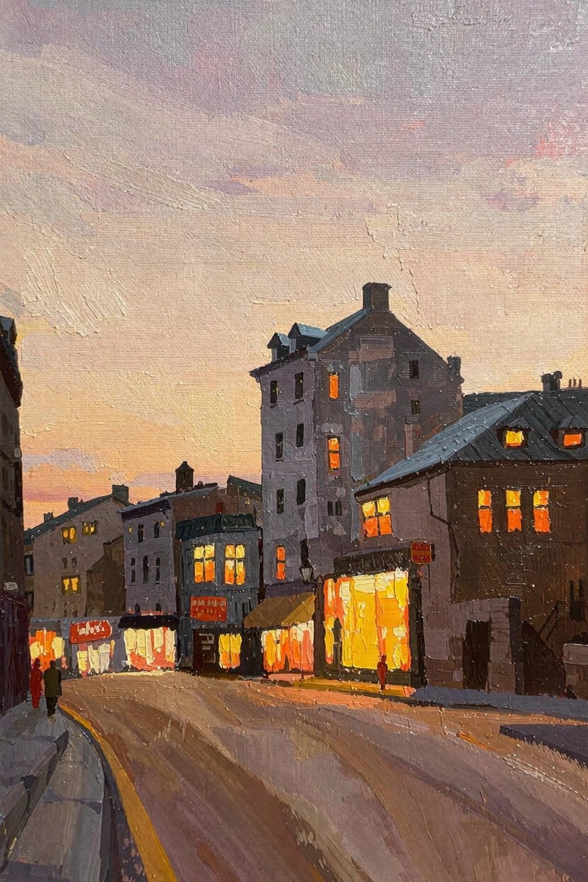 Oil painting of a curved urban street at dusk with old buildings showing warm yellow-orange lights from windows and shops against a cool purple-gray twilight sky.