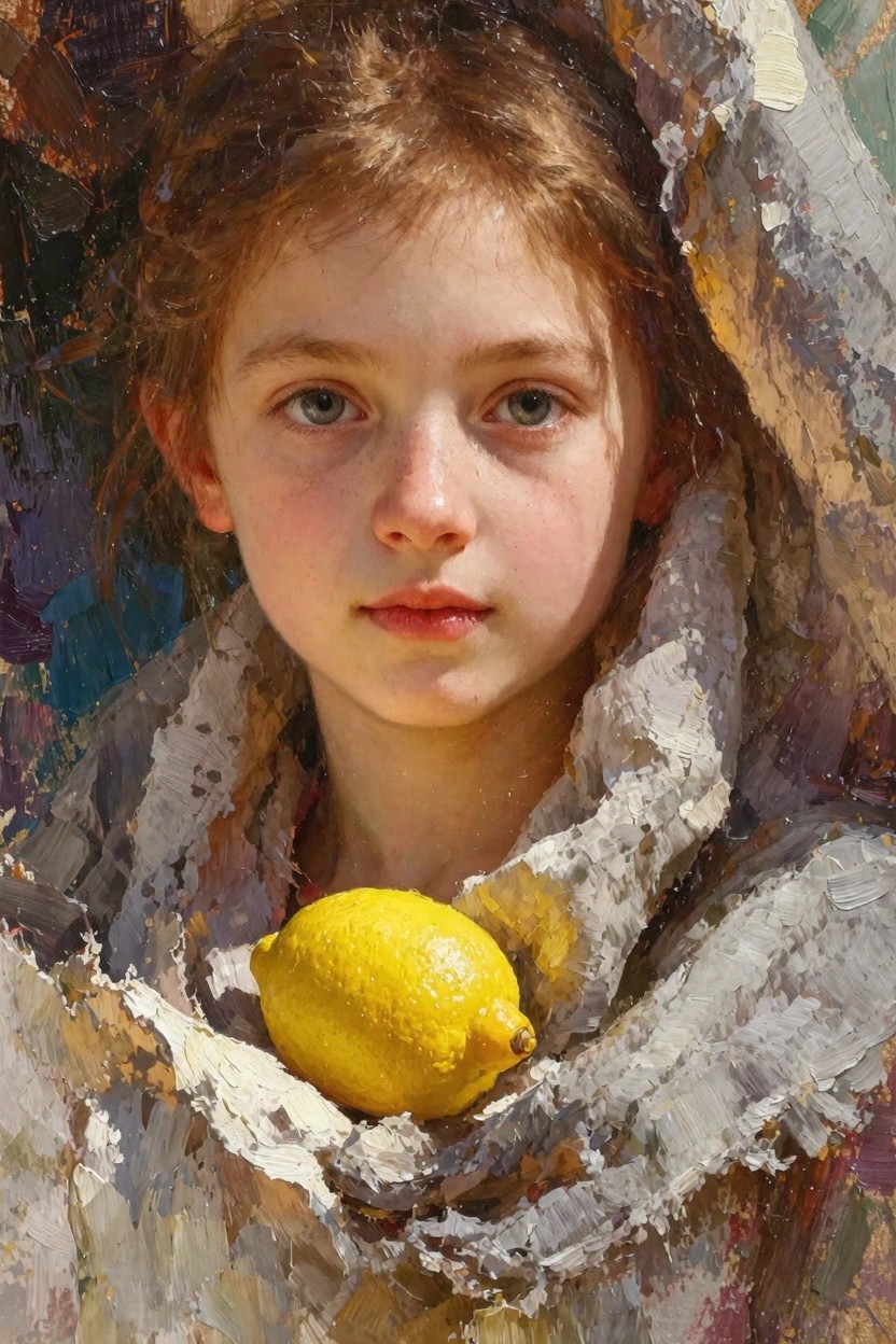Oil painting of a yellow lemon on rumpled white fabric against a dark textured background.