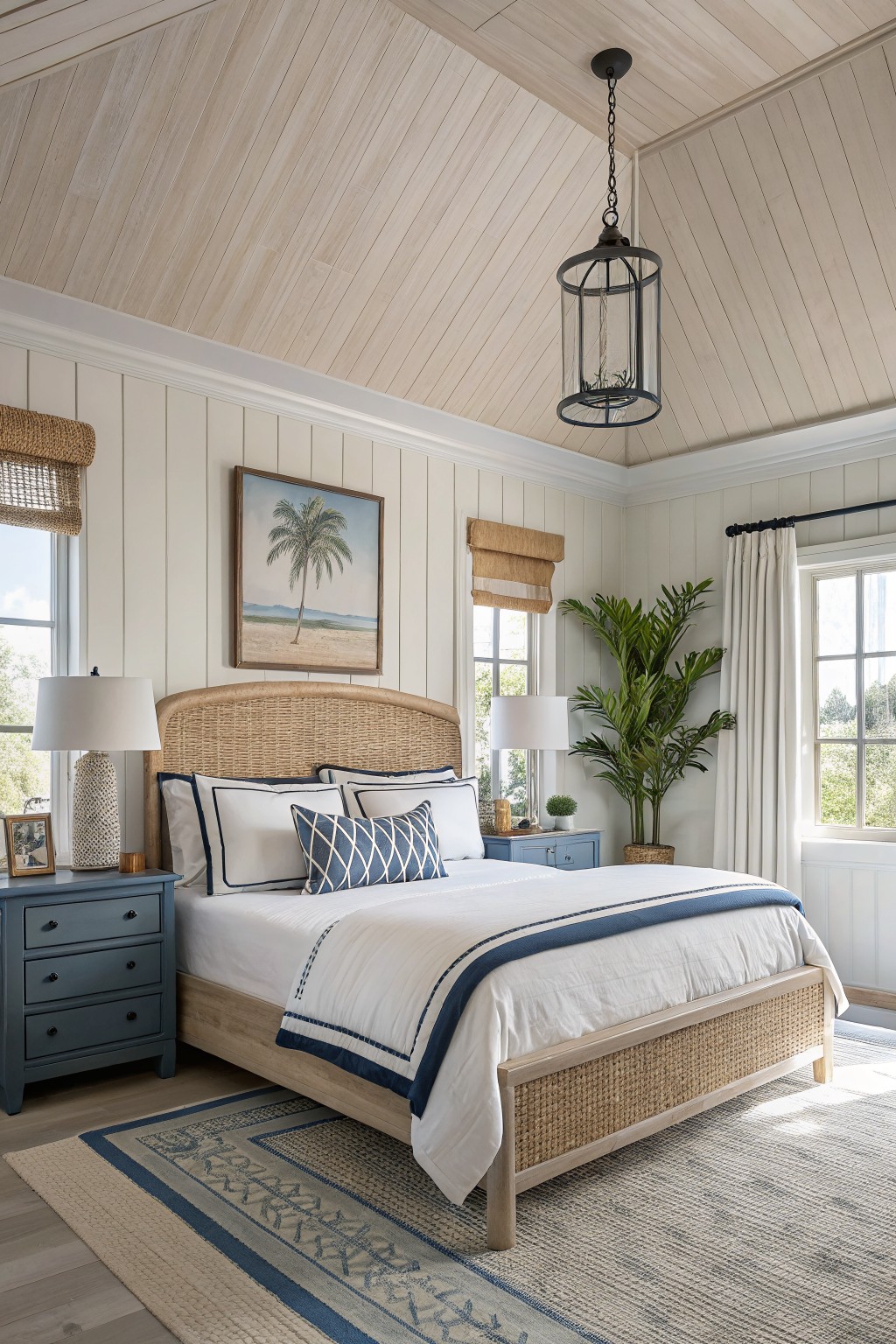 Bedroom with creamy white shiplap walls, rattan bed, navy bedding, and potted plants near windows