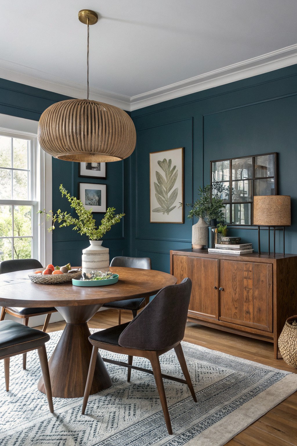 Dining room with deep teal paneled walls, round walnut pedestal table, upholstered chairs, wooden credenza, and rattan pendant light