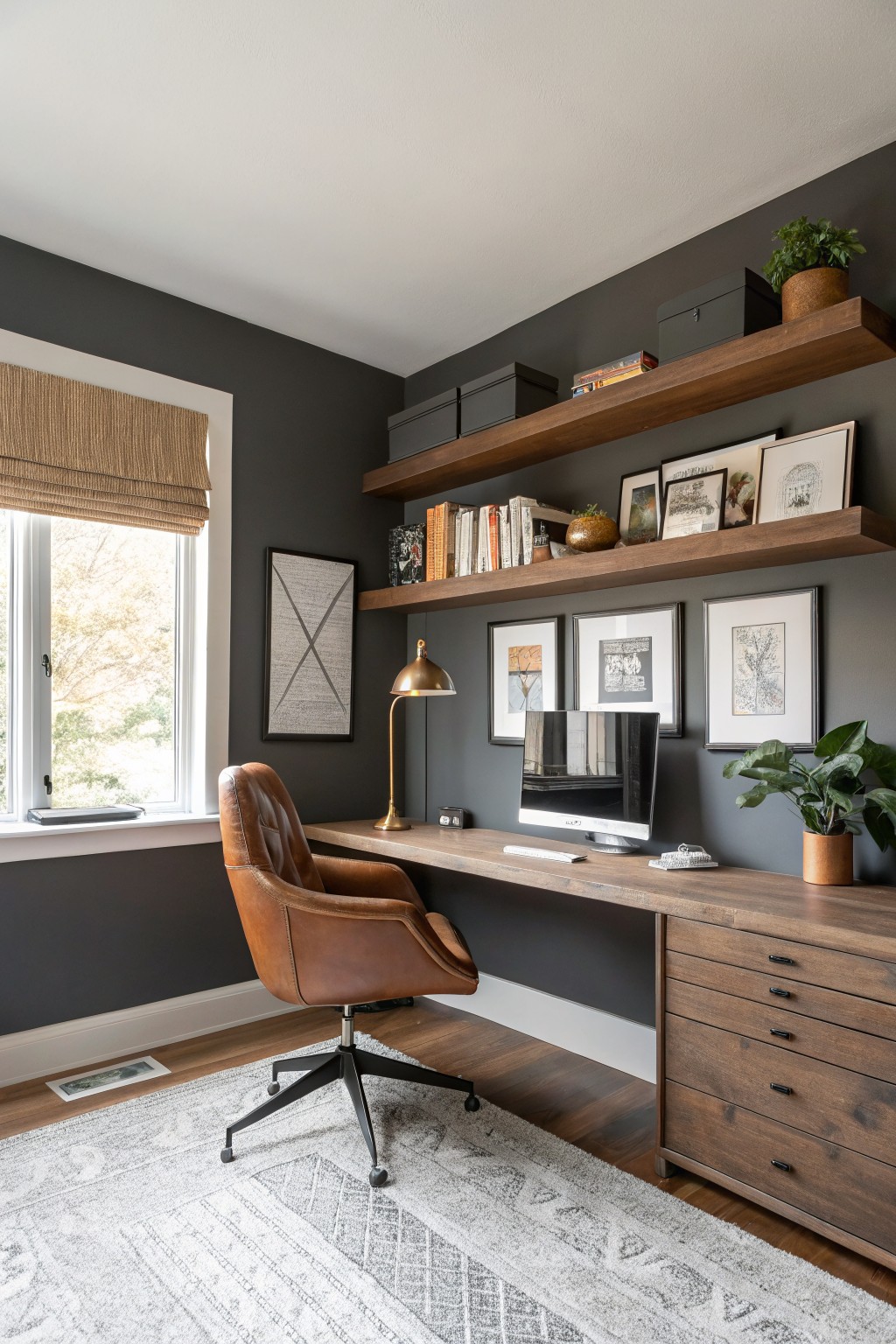 Cozy home office featuring deep warm gray walls, a wooden desk with leather chair, floating wood shelves with books and art, plants, and a large window with bamboo shades