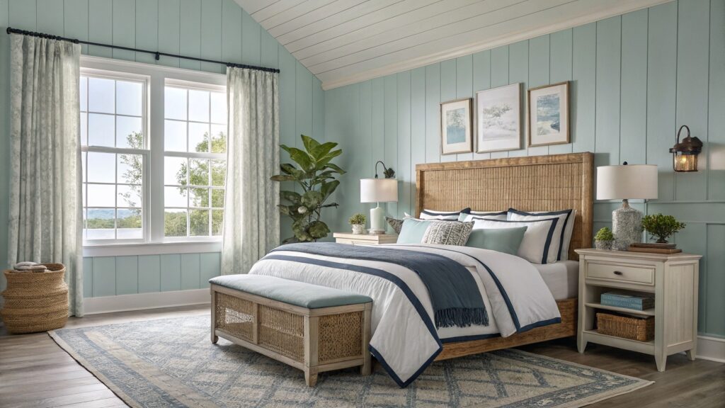 Bedroom with pale blue-green shiplap walls, rattan bed, white bedding, and sliding doors to outdoor view