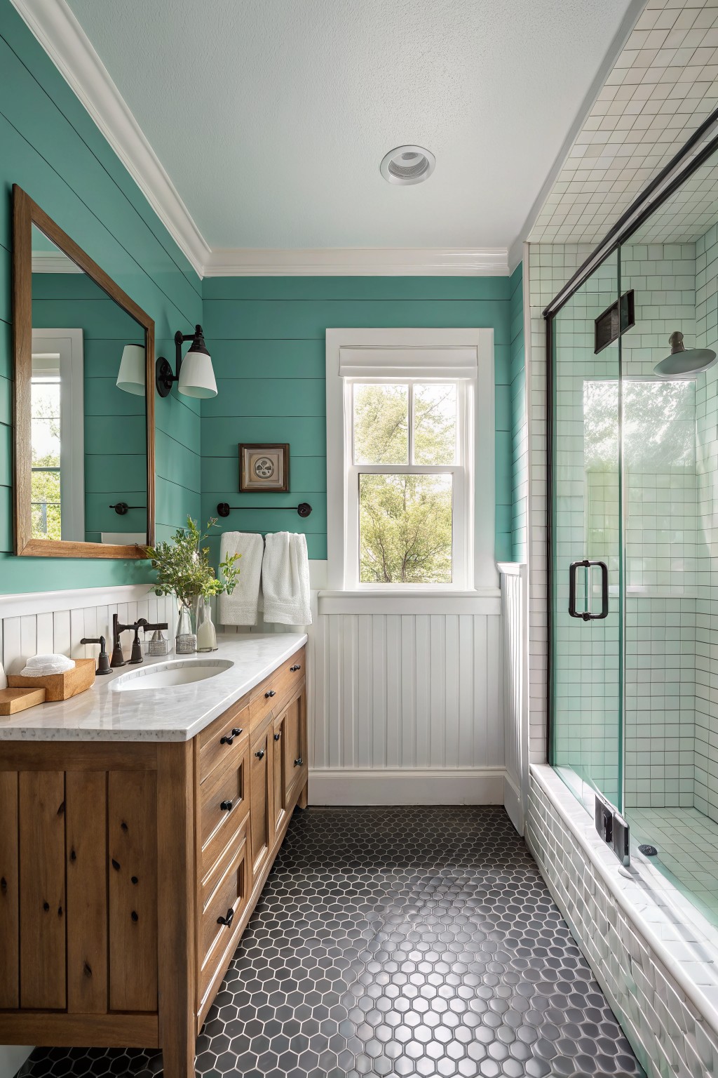 Small bathroom with muted teal shiplap walls, wooden shaker vanity, white subway tile shower, and black hexagon floor tile