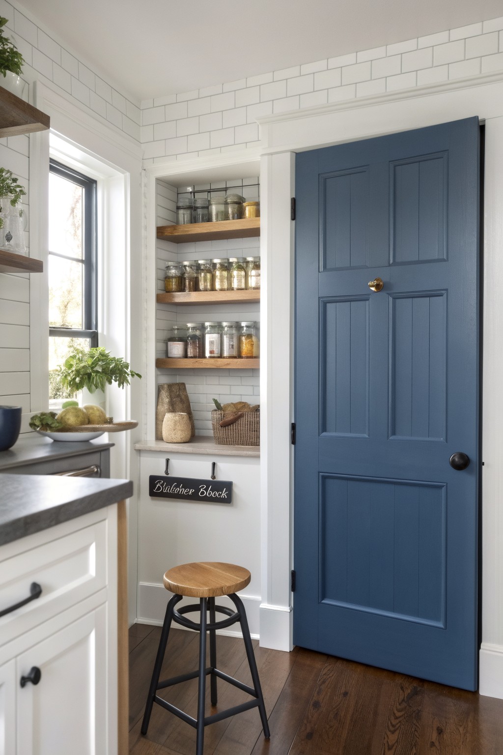 Cozy kitchen corner with white subway tile walls, open wood shelving stocked with jars, navy blue pantry door, white cabinets, wood stool, and plants near window