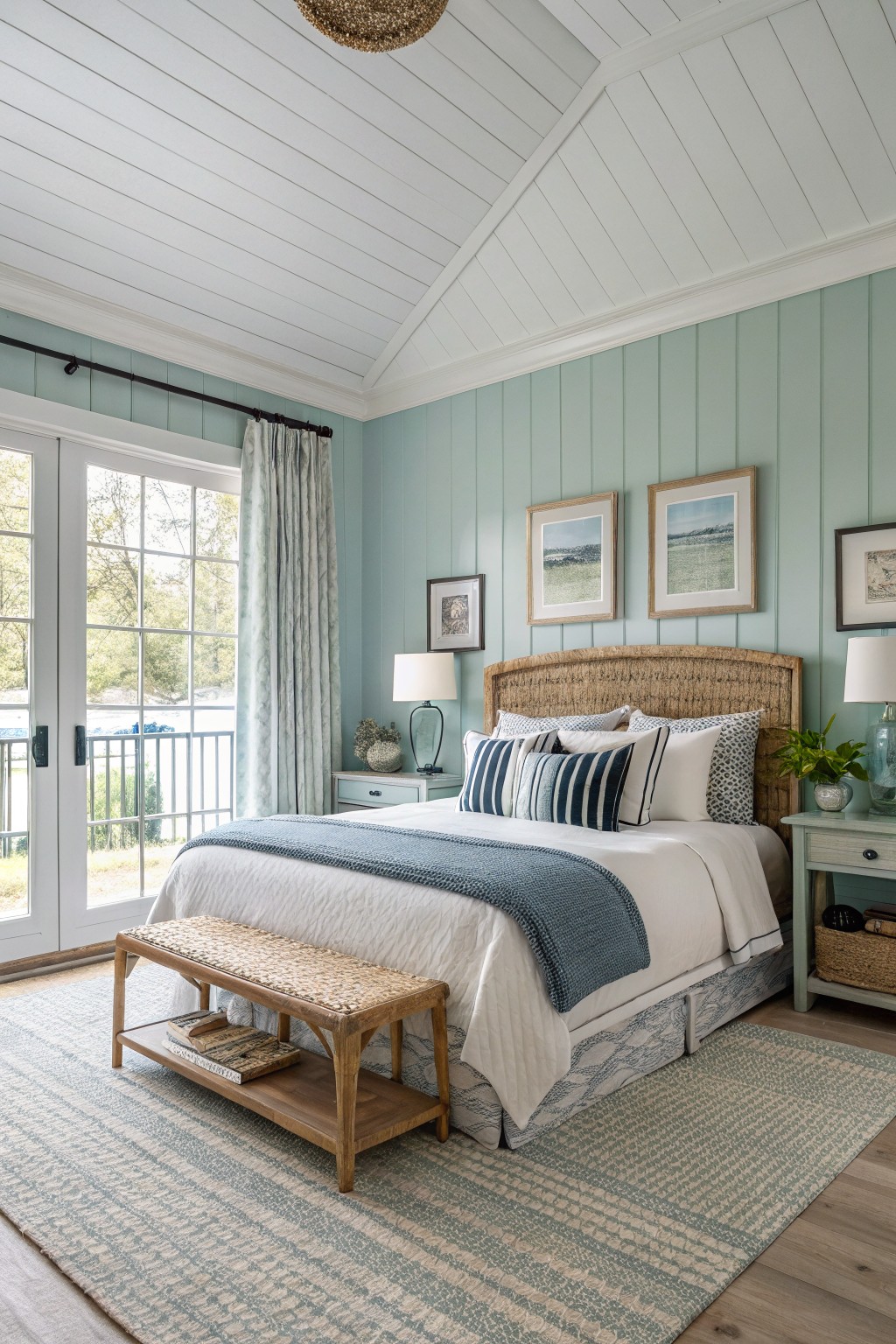 Bedroom with pale blue-green shiplap walls, rattan bed, white bedding, and sliding doors to outdoor view