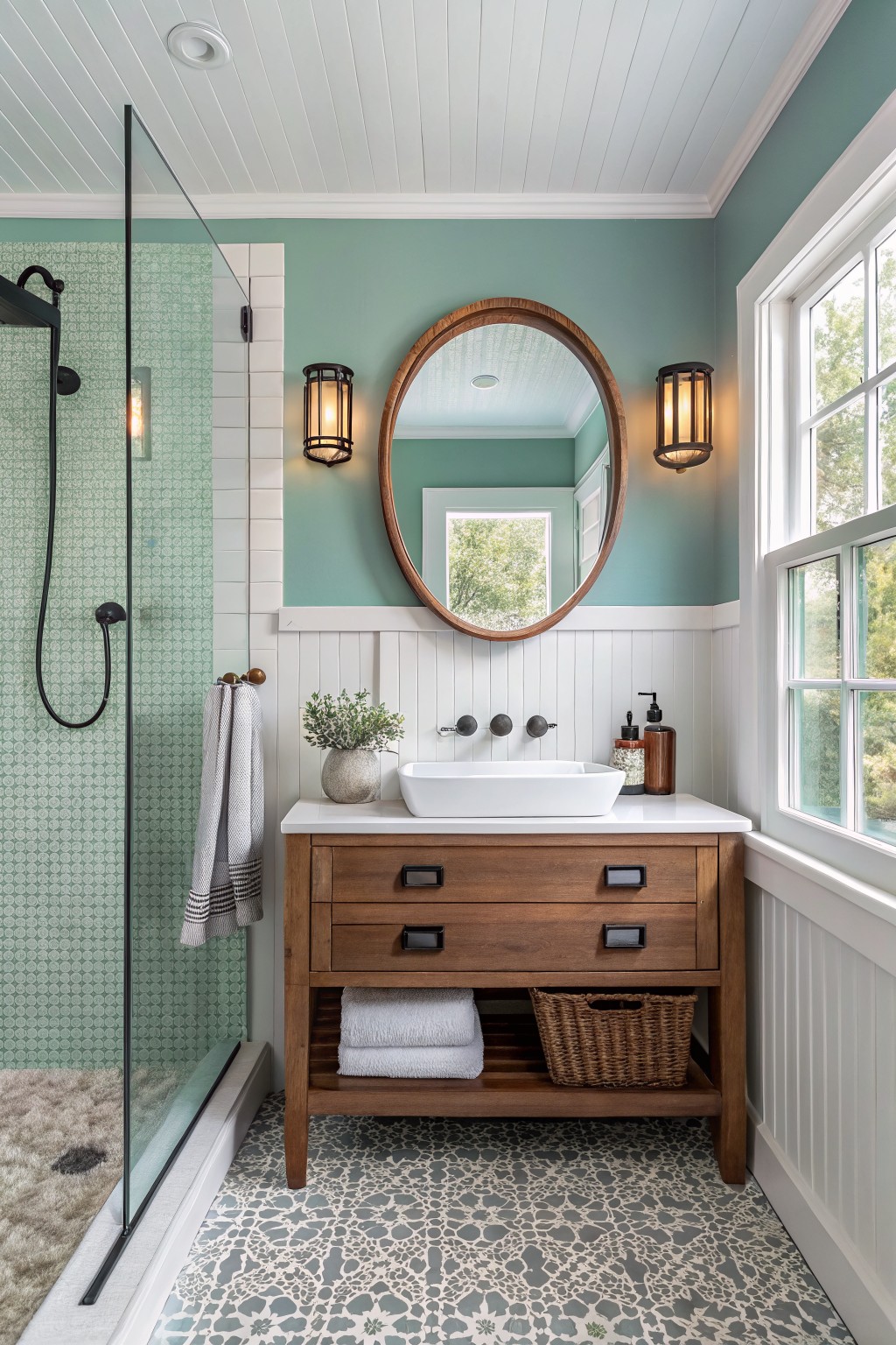 Cozy bathroom with pale teal upper walls, white wainscoting, wooden vanity, round wood mirror, and glass shower enclosure