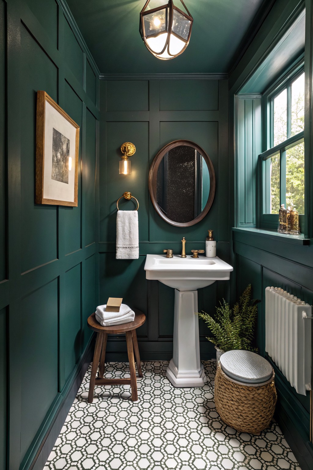 Small powder room with deep teal green paneled walls and ceiling, white pedestal sink, brass fixtures, round black mirror, gold towel ring, and black-and-white geometric tile floor