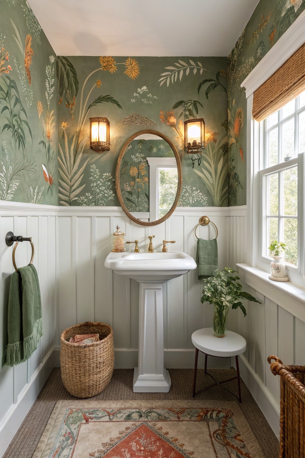 Powder room featuring sage green botanical wallpaper above white beadboard wainscoting, with pedestal sink, brass fixtures, and round mirror