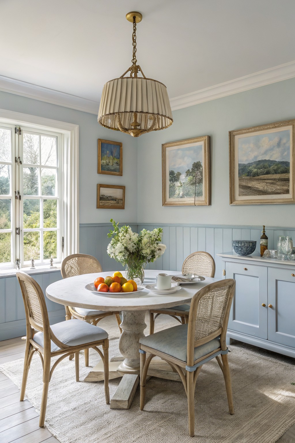 Cozy dining nook with soft blue paneled walls, round white marble table, rattan chairs with blue cushions, white floral centerpiece, and landscape paintings by a large window