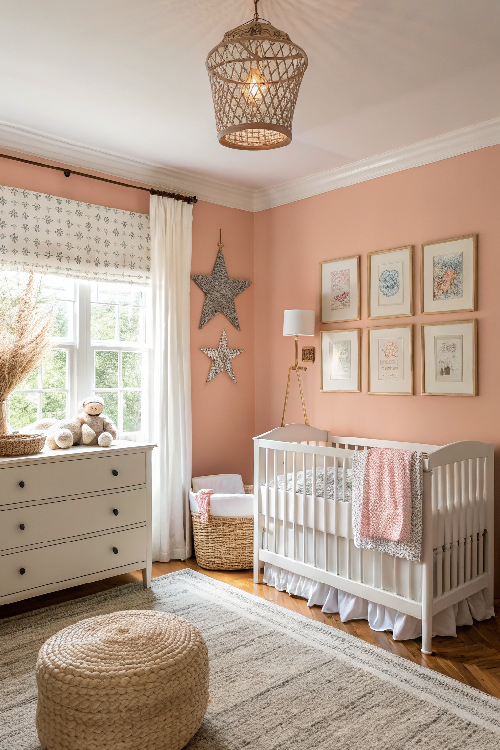 Nursery with soft blush pink walls, white crib, rattan accents, and natural light from large windows