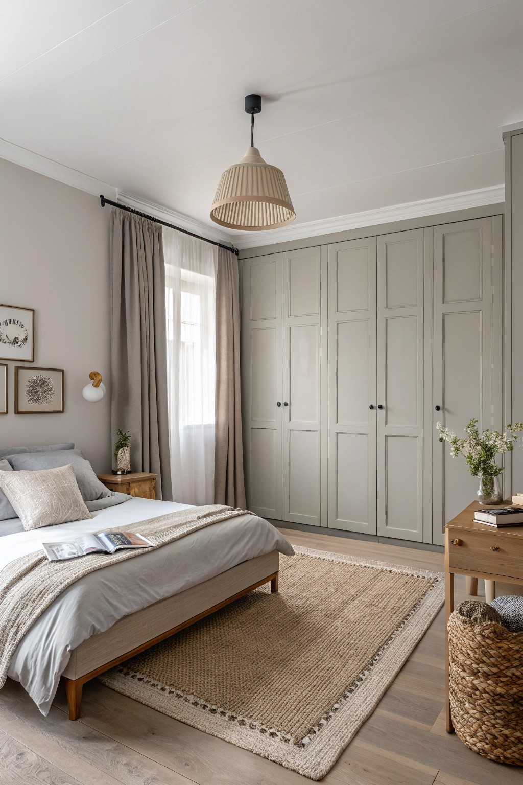 Pale greige walls and wardrobes in a serene bedroom with wooden accents and neutral bedding