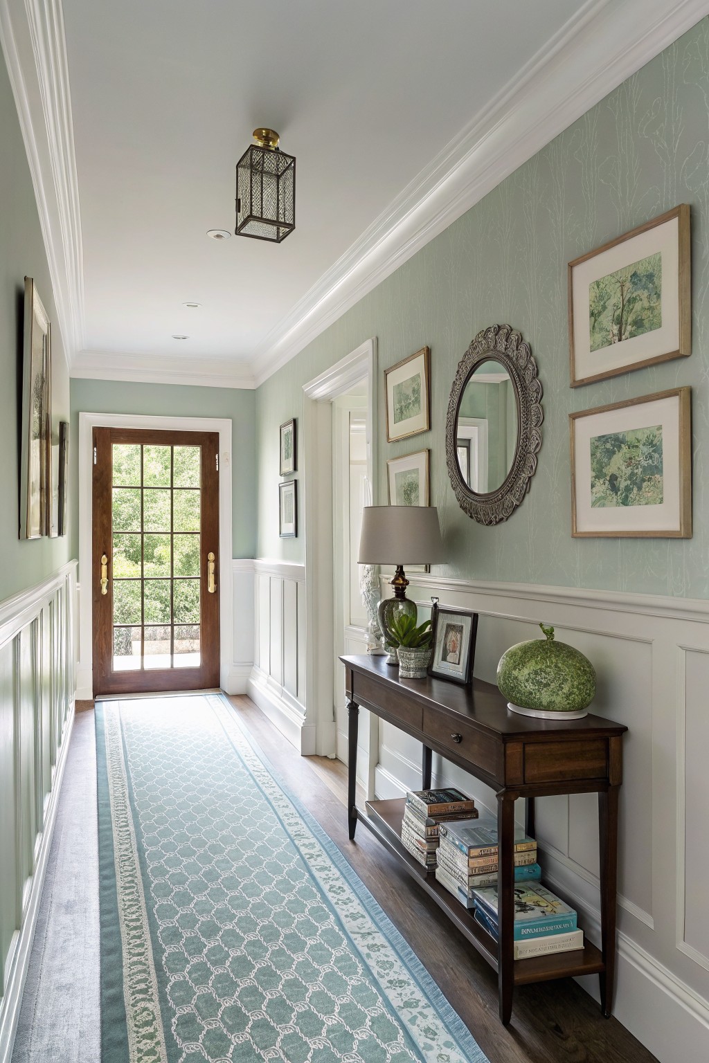 Soft pale green walls lining an elegant hallway with white wainscoting, wood console table, and brass accents