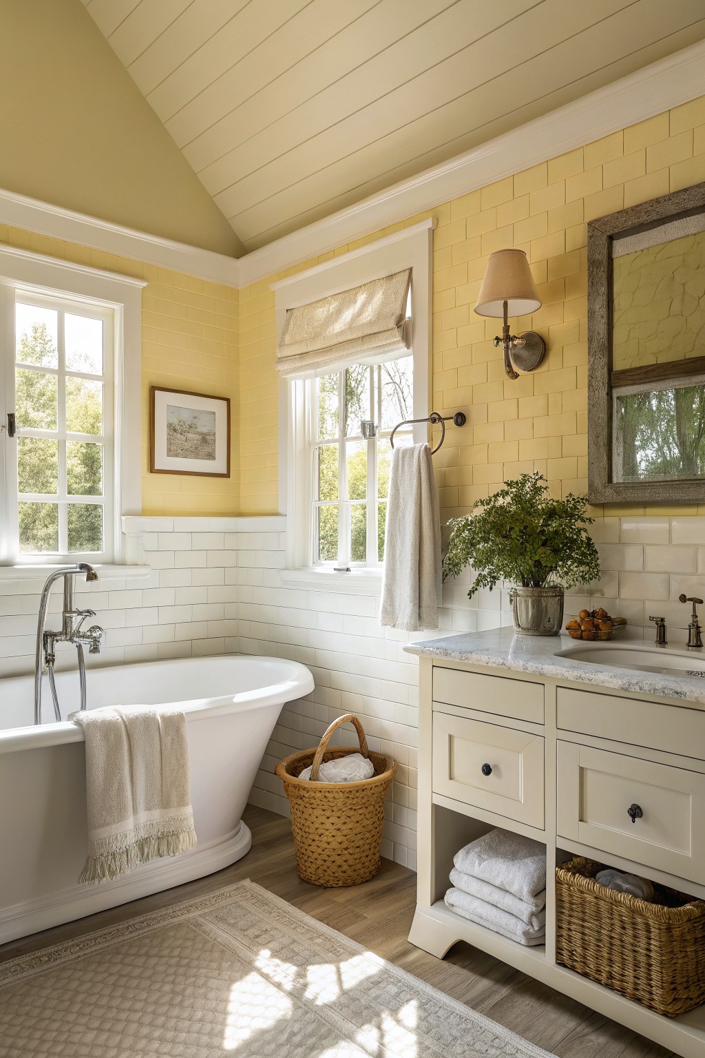 Bright bathroom with soft pale yellow upper walls, white subway tile wainscot, freestanding tub draped in towels, wood vanity, and window light