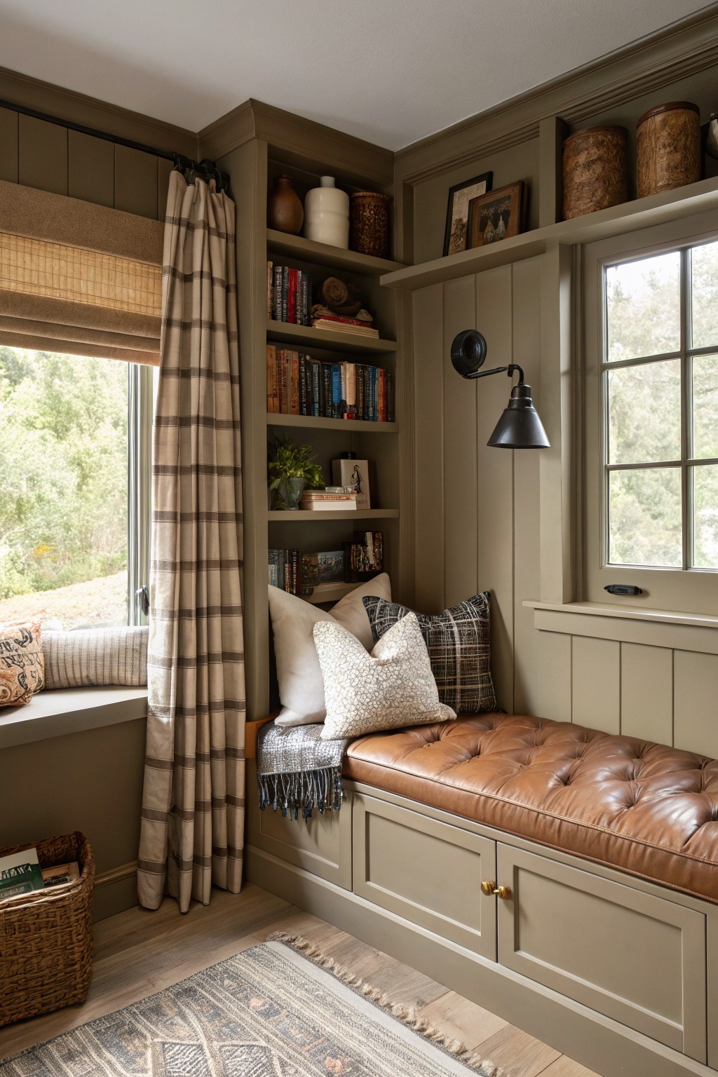 Cozy window seat nook with muted sage green paneled walls, tufted leather bench, plaid pillows and curtains, bookshelves, and woven baskets