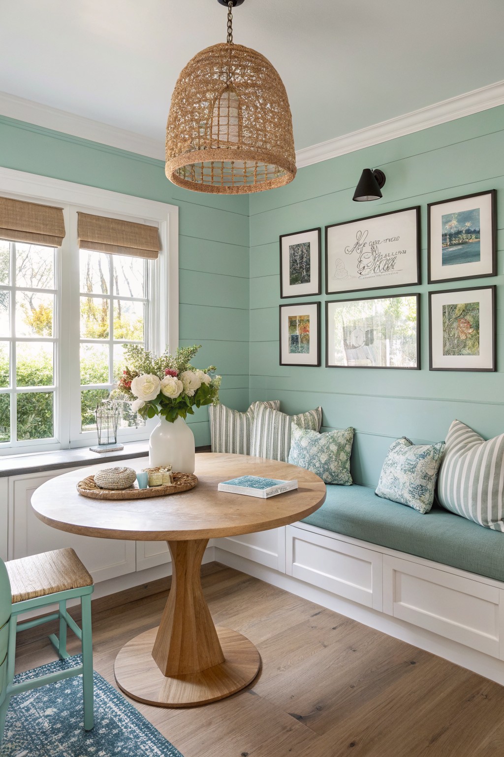 Cozy kitchen nook with soft seafoam green shiplap walls, round wood pedestal table, built-in bench with blue pillows, white cabinets, and rattan pendant light