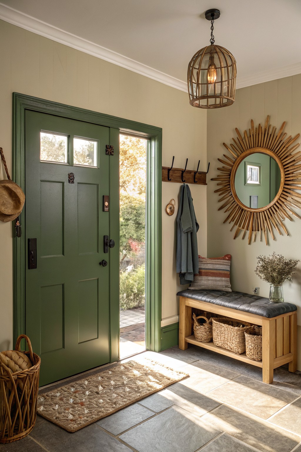Cozy entryway with warm greige walls, green door open to outdoors, wood bench with baskets, rattan lamp overhead