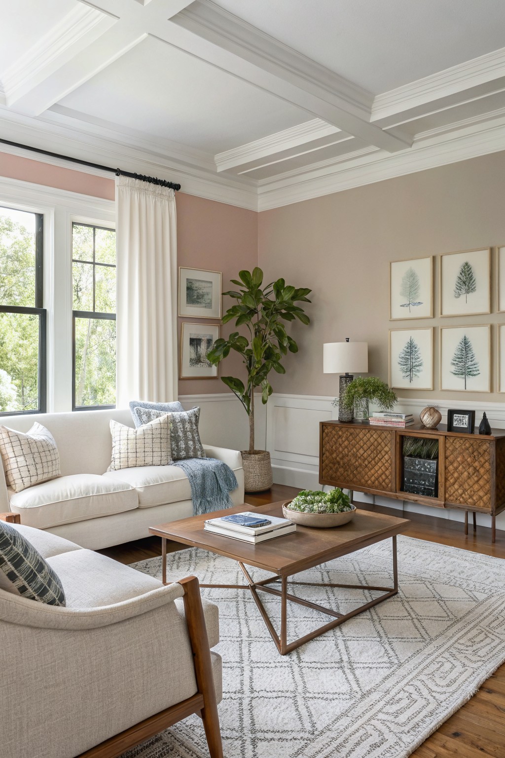 Cozy living room featuring warm greige walls, a white sofa with pillows, wood sideboard, large plant, and coffee table on a patterned rug