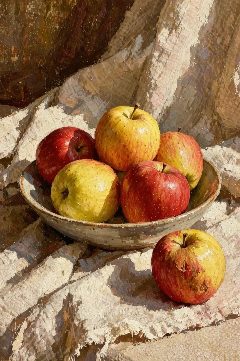 Oil painting of red and yellow apples in a textured bowl on folded white fabric with soft lighting.