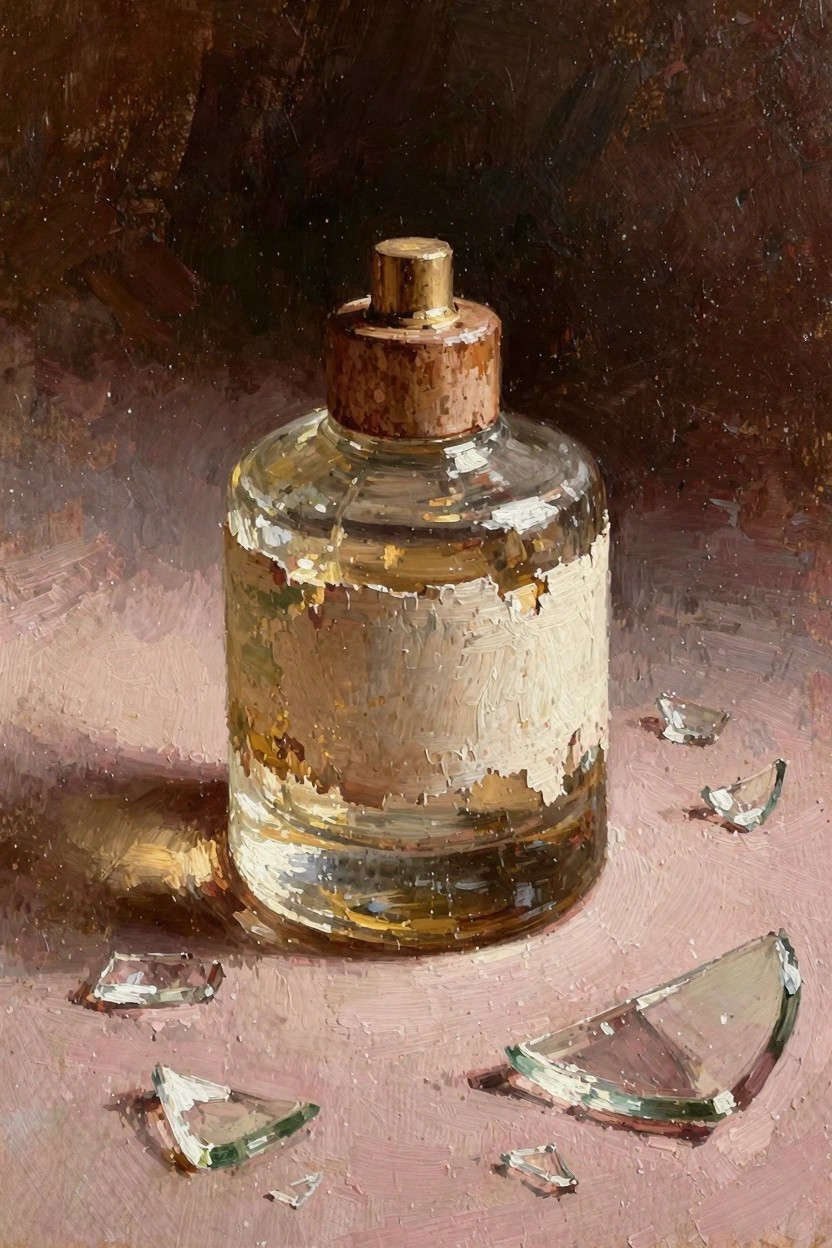 Oil painting of a clear glass perfume bottle with peeling beige label, gold cap, yellowish liquid, and scattered glass shards on a pink surface.