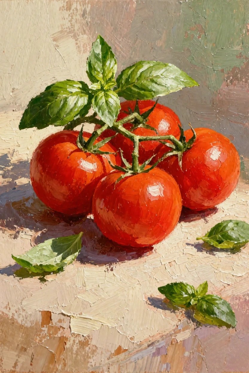 Oil painting of four clustered red tomatoes with green basil leaves and stems on a textured beige surface.