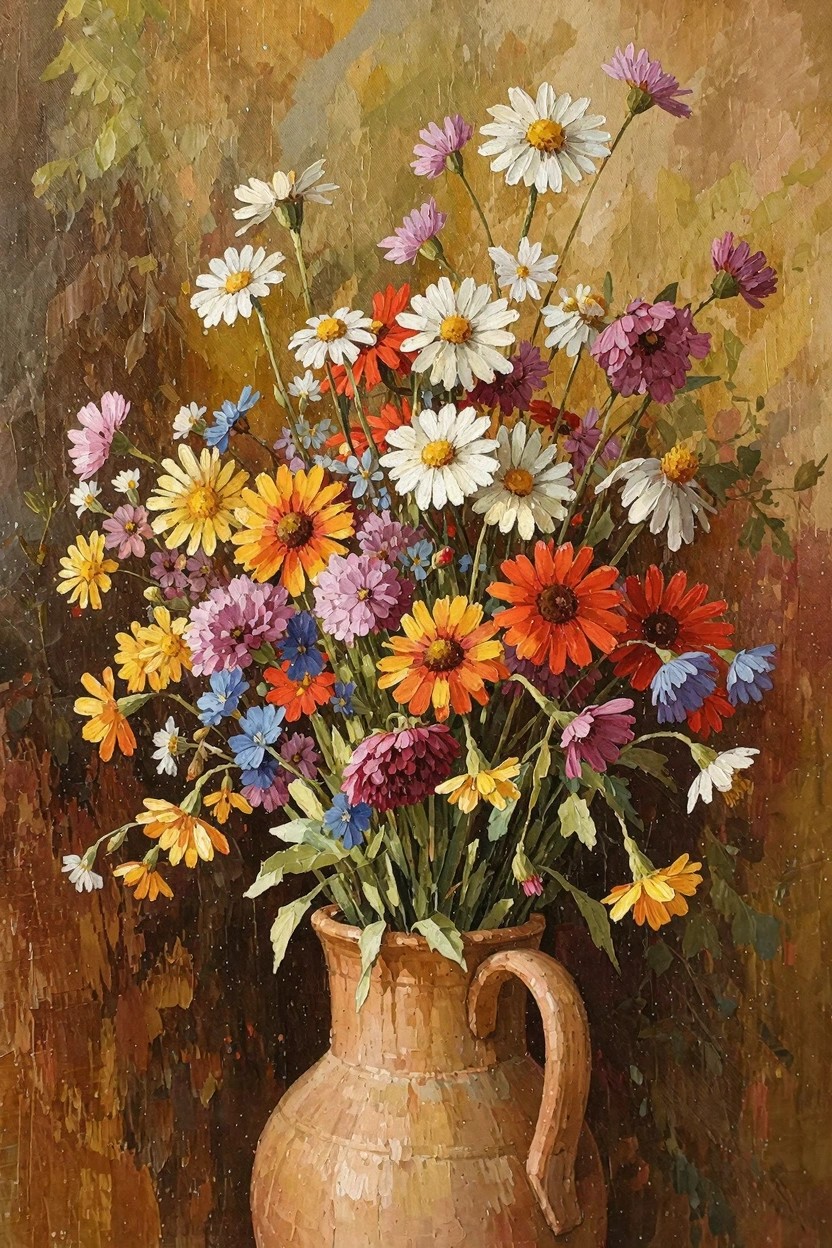 Oil painting of mixed daisies and wildflowers in white, yellow, pink, orange, red, and purple arranged in a terracotta jug on a warm textured background.