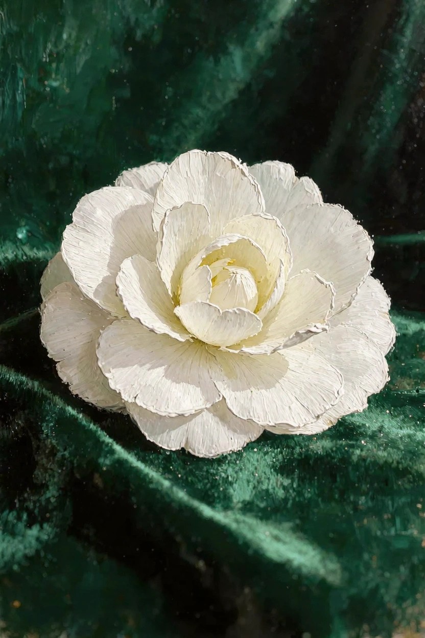 Close-up oil painting of a white ruffled peony flower resting on green velvet fabric.