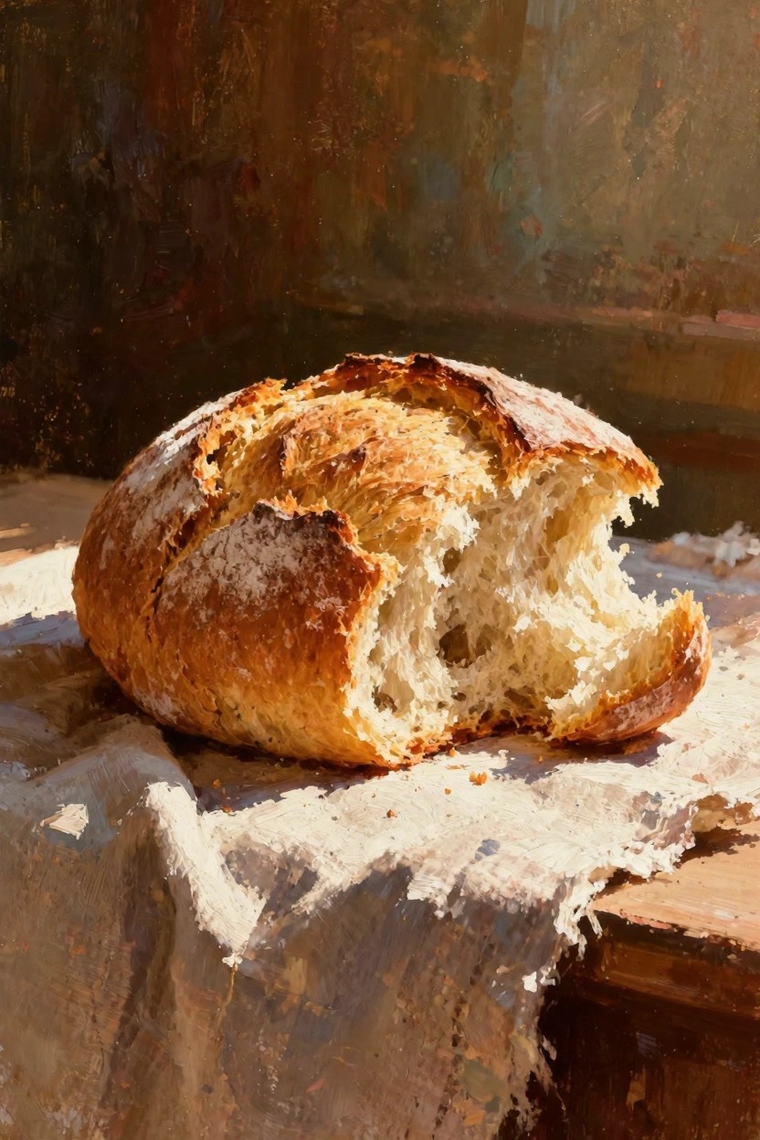 Oil painting of a round crusty bread loaf with a large bite revealing soft interior, placed on linen cloth over wooden surface in warm sunlight.