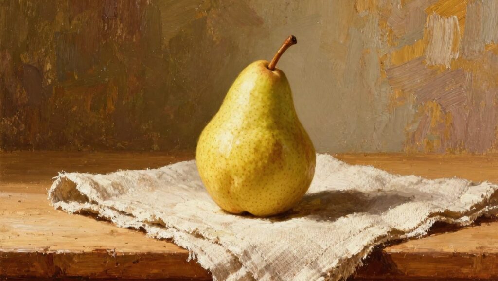23 Classic Still Life Oil Painting Ideas To Master The Basics Oil painting of a yellow-green pear on folded white cloth atop wooden table against dark green background.