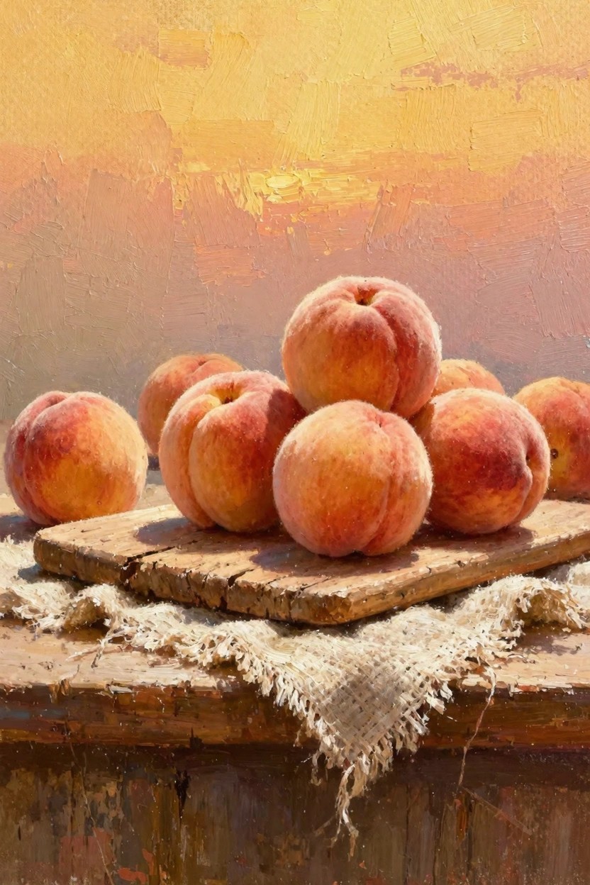 Oil painting of stacked fuzzy peaches on a wooden board with burlap cloth against a warm yellow-orange background.