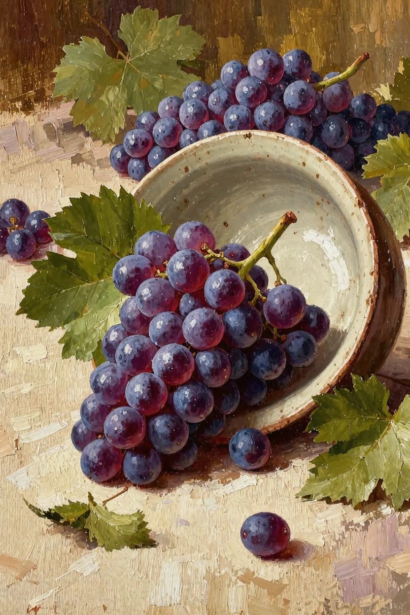 Oil painting of purple grapes tumbling from a tipped white ceramic bowl with green vine leaves on a textured beige background.