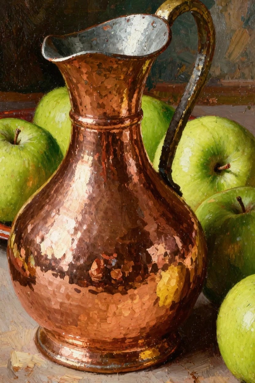 Oil painting of a shiny hammered copper pitcher surrounded by green apples on a wooden surface.