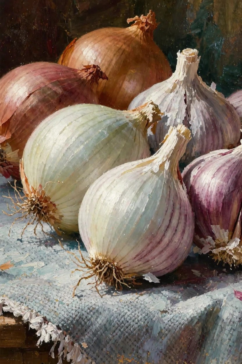 Oil painting of multicolored onions and garlic bulbs piled on a blue cloth with dark background.