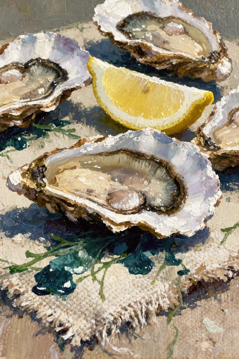 Oil painting of several open oysters with lemon wedges and green seaweed on burlap cloth.