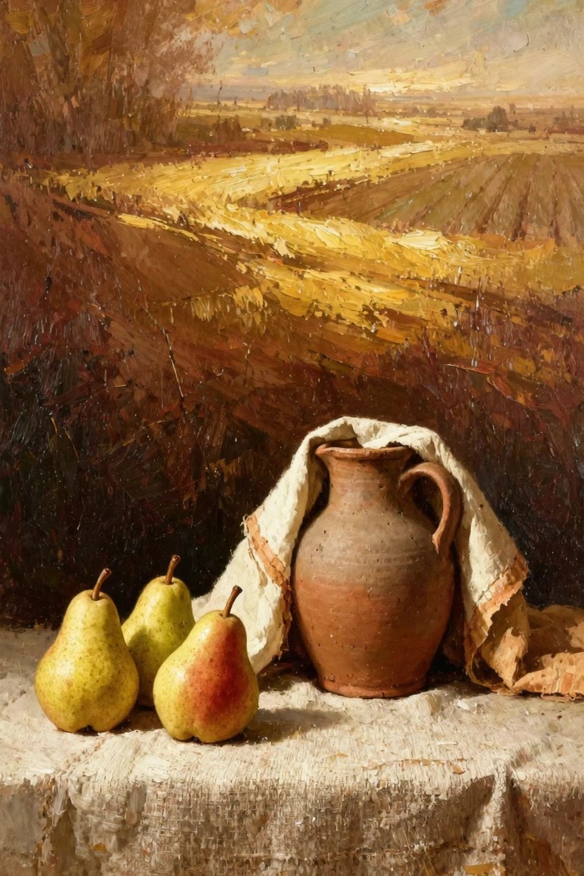 Oil painting featuring three pears and a terracotta jug on draped cloth in front of a golden fields and sunset landscape.