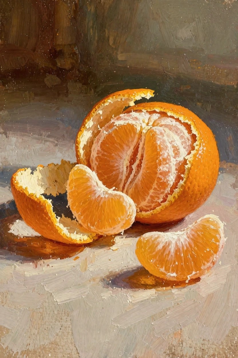Oil painting of a peeled mandarin orange with segments and peel strips on a neutral textured surface under soft light.