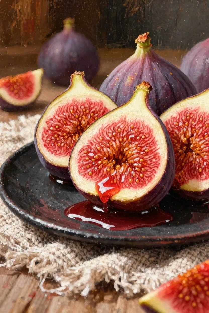 Oil painting of whole and sliced purple figs with red interiors on a black plate with red syrup drips, on wood with burlap cloth.