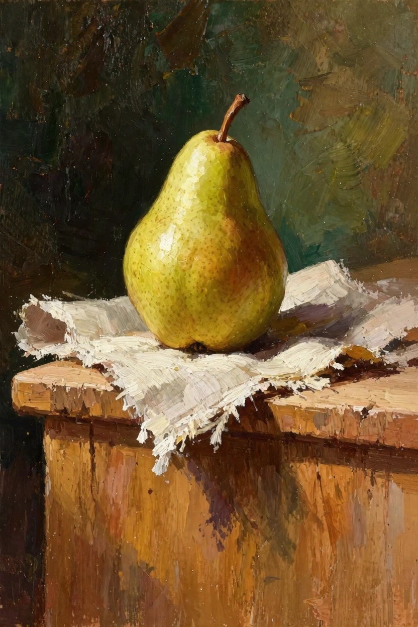 Oil painting of a yellow-green pear on folded white cloth atop wooden table against dark green background.