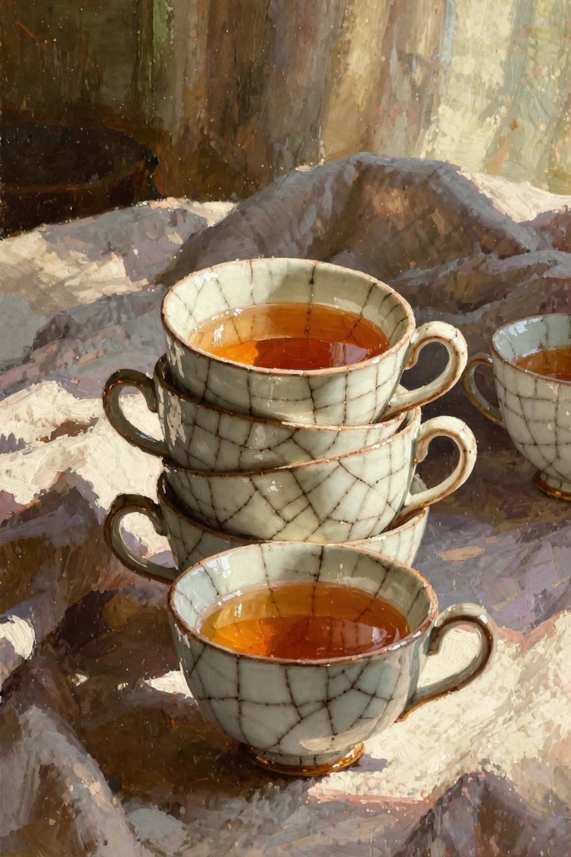 Oil painting of white crackle-glazed teacups stacked and filled with tea on draped fabric in soft window light.