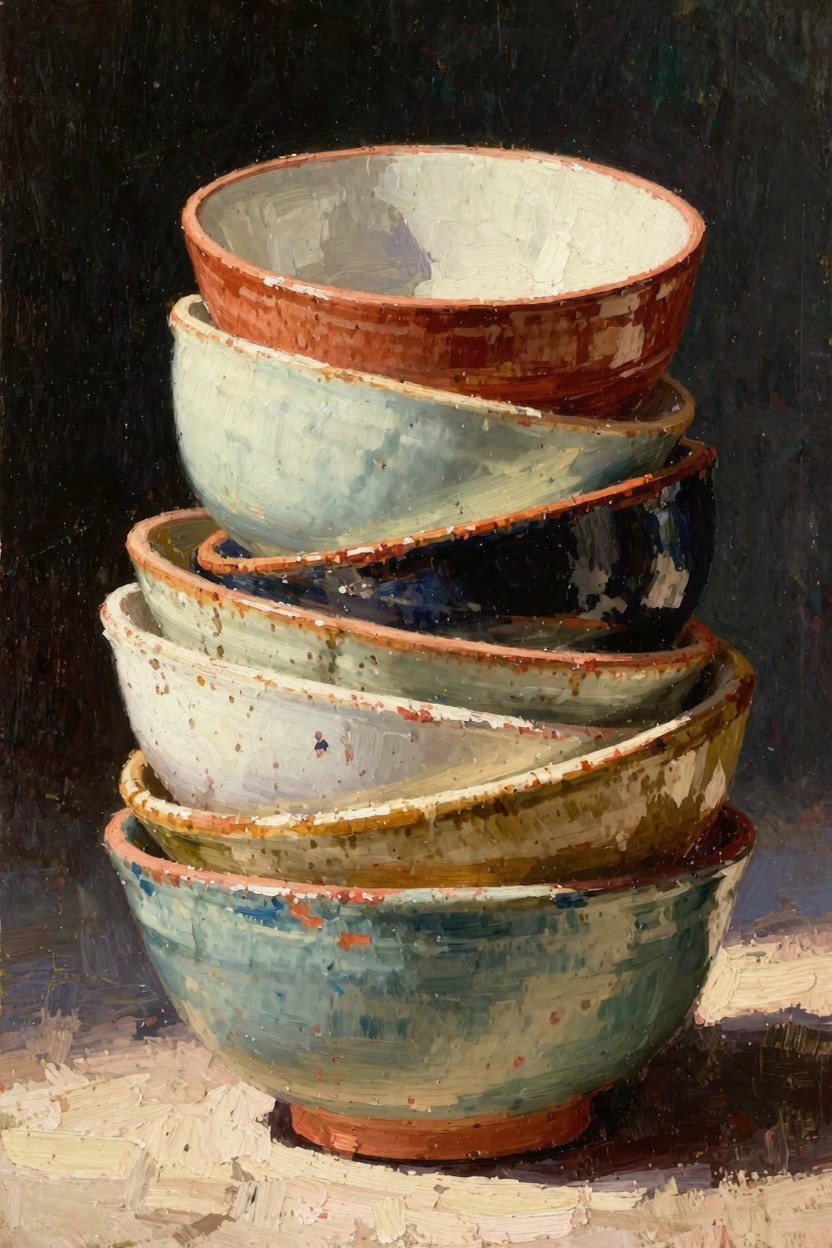 Oil painting of ten stacked ceramic bowls in varied glazes and colors on a light surface against a dark background.
