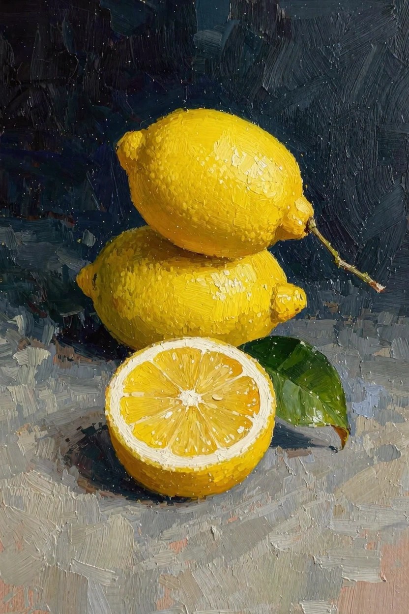 Oil painting of three stacked whole lemons, a sliced lemon half with leaf, on a dark textured gray surface against a navy background.
