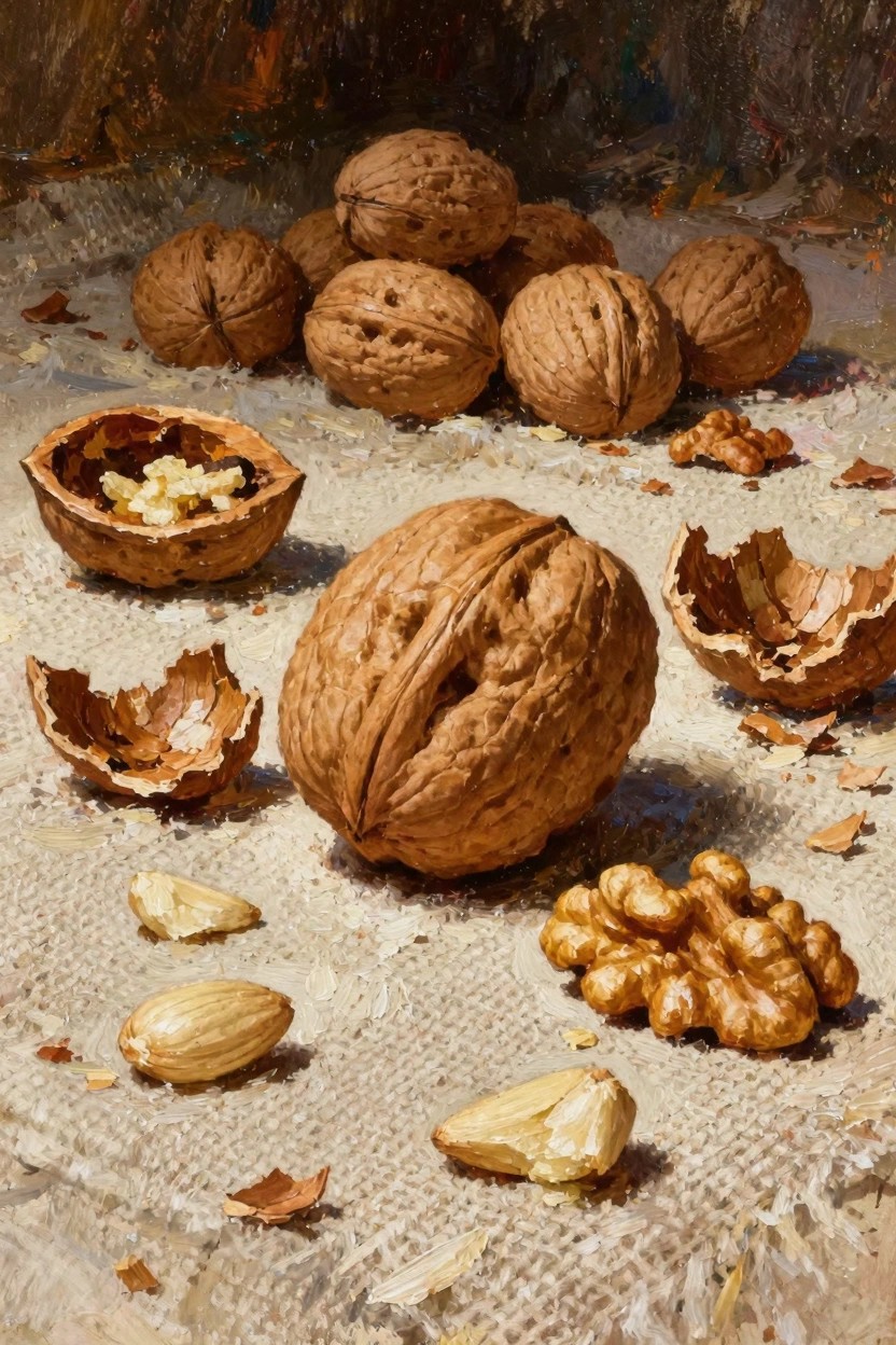 Realistic oil painting of whole walnuts, cracked shells, exposed kernels, and scattered almonds on textured cloth.