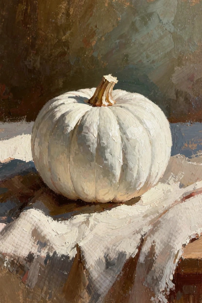 Oil painting of a white ribbed pumpkin on white draped fabric with a warm brown background.