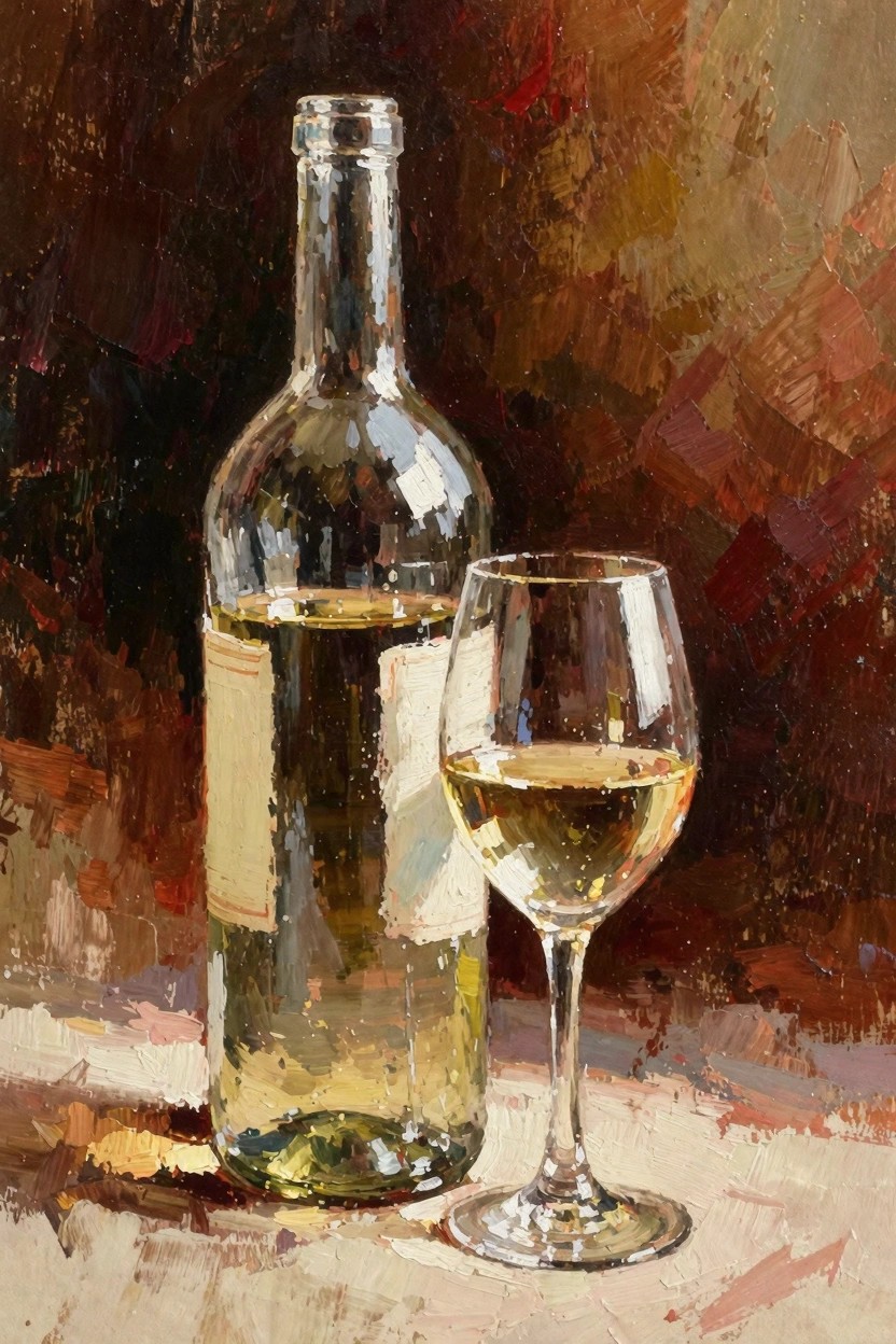 Oil painting of a clear glass bottle of white wine next to a wine glass filled with pale yellow wine, on a light surface against a textured warm brown and red background.