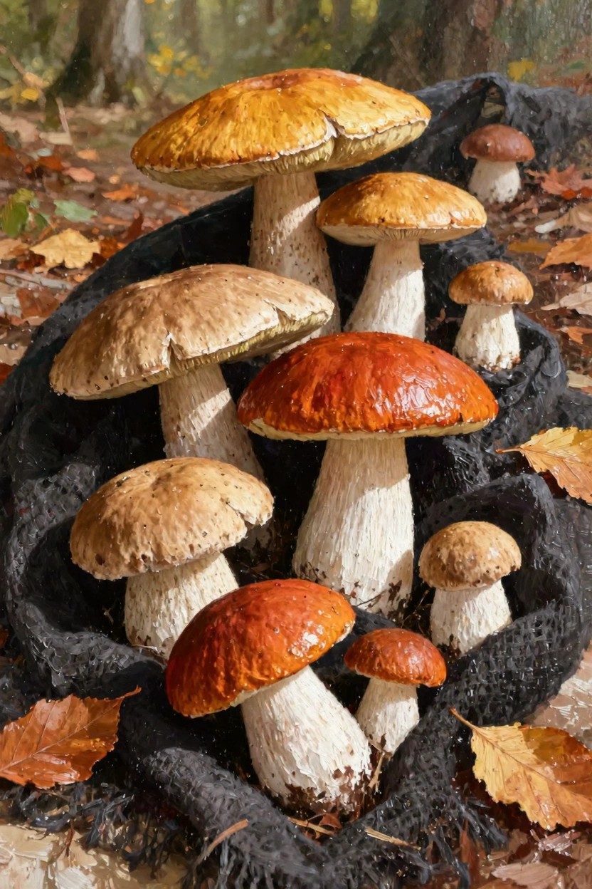 Oil painting of assorted brown and red-capped mushrooms clustered on dark cloth with yellow autumn leaves and forest floor background.