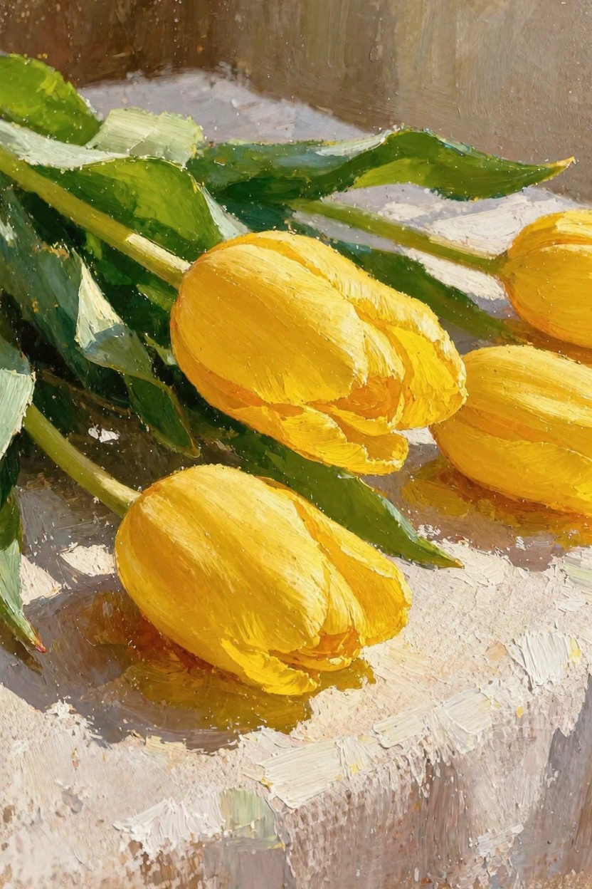 Oil painting of five yellow tulips with green leaves and stems on a light textured surface in warm light.