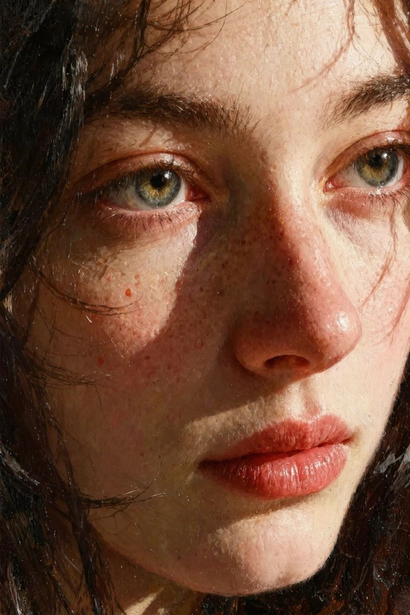 Close-up oil painting style portrait of a young woman with green eyes, freckles, flushed cheeks, and wet dark hair in natural light.