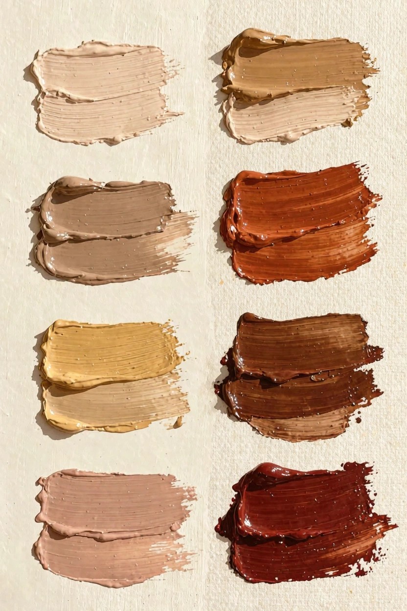 Grid of creamy beige to brown swatches with glossy textures on beige paper.