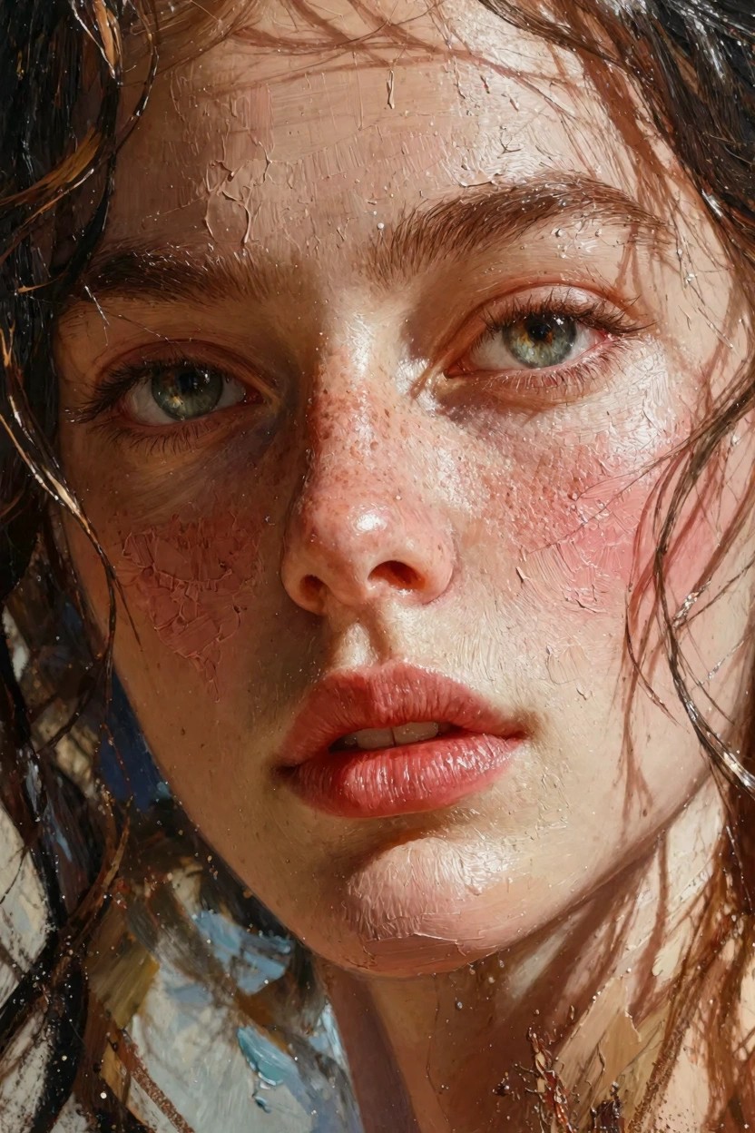 Close-up oil painting of a young woman's freckled face with wet dark hair, green eyes, flushed cheeks, parted red lips, and glossy water droplets on skin.
